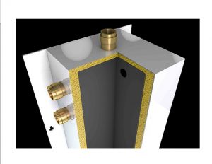 Cutaway view of a World Heat cased low loss header showing internal insulation and brass connection points.