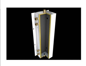 Side profile cutaway of a wall-mountable cased low loss header, revealing insulation and connection layout.