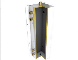 Insulated low loss header with white casing, cutaway showing internal design for hydraulic separation.