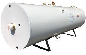 Stainless steel horizontal unvented hot water cylinder on mounting cradles by World Heat Cylinders.