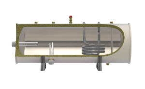 Internal cutaway of a horizontal unvented cylinder showing high-efficiency coil and baffle design.