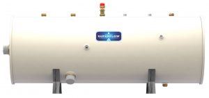 Front view of a SuperFlow horizontal unvented cylinder highlighting connection points and branding.
