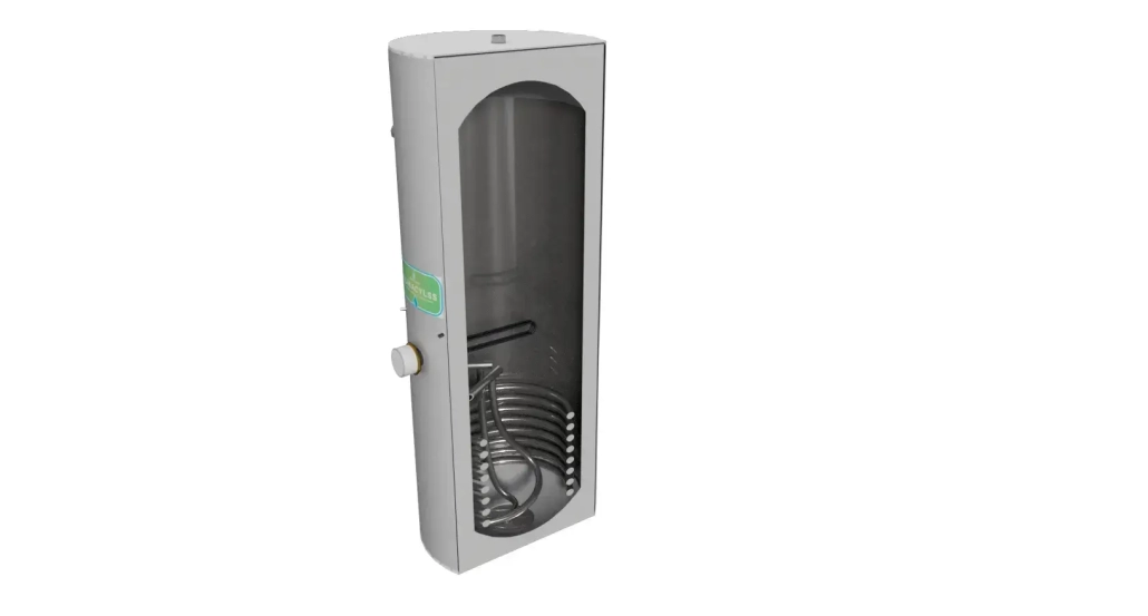 Internal coil view of a Climacyl Heat Pump Cylinder, showcasing large surface area for efficient heat transfer.