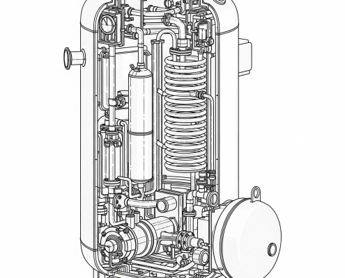 Technical line drawing showing internal components and construction of a World Heat commercial calorifier.