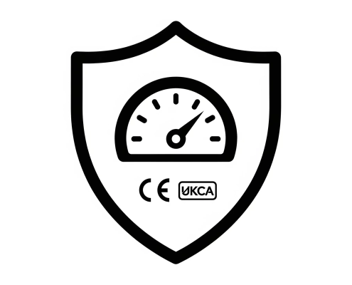Symbol representing PED compliance with CE and UKCA marking for pressure equipment safety.